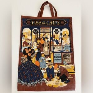 VINTAGE Vista PVC Coated Shopping Tote Market Bag Fish & Chips Victorian Scene